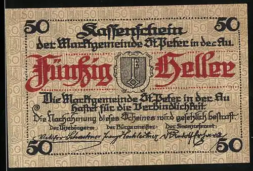 Notgeld St. Peter in der Au 1920, 50 Heller, Teilansicht mit Kirche