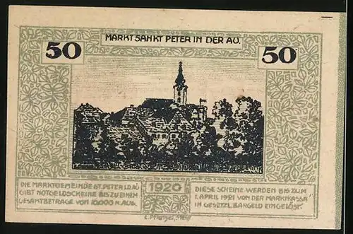 Notgeld St. Peter in der Au 1920, 50 Heller, Teilansicht mit Kirche