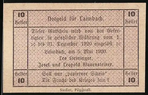 Notgeld Laimbach 1920, 10 Heller