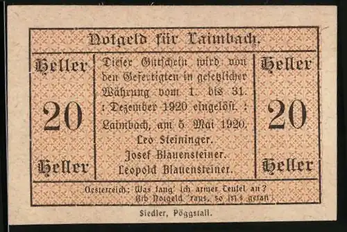 Notgeld Laimbach 1920, 20 Heller