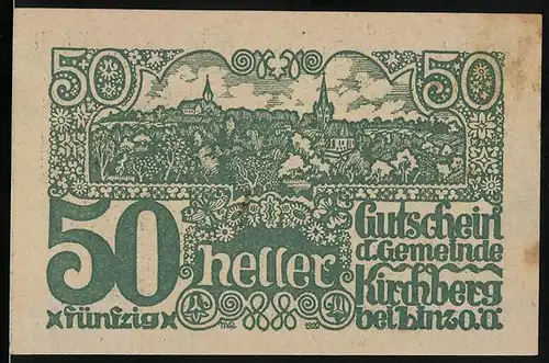 Notgeld Kirchberg bei Linz 1920, 50 Heller, Ortsansicht, Lokomobil