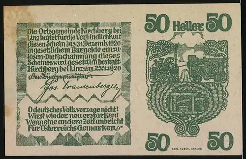 Notgeld Kirchberg bei Linz 1920, 50 Heller, Ortsansicht, Lokomobil