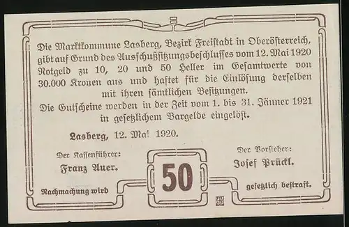 Notgeld Lasberg 1920, 50 Heller, Kirche