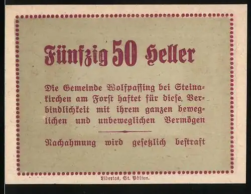 Notgeld Wolfpassing bei Steinakirchen a. Forst 1920, 50 Heller, Schloss