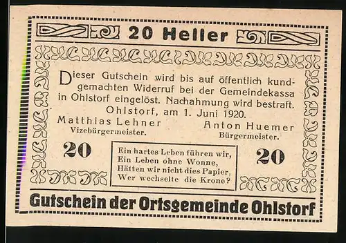 Notgeld Ohlstorf 1920, 20 Heller, Teilansicht mit Kirche