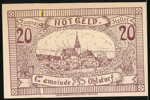 Notgeld Ohlstorf 1920, 20 Heller, Teilansicht mit Kirche