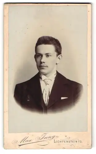 Fotografie Max Jung, Lichtenstein-Callnberg i. S., Schulgasse, Junger Herr im Anzug mit Krawatte