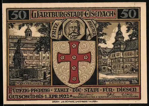 Notgeld Eisenach 1922, 50 Pfennig, Rathaus, Marktbrunnen, Fritz Reuter, Wappen