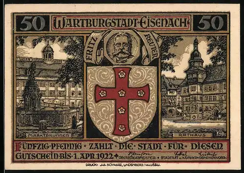 Notgeld Eisenach 1922, 50 Pfennig, Rathaus, Marktbrunnen, Fritz Reuter, Wappen
