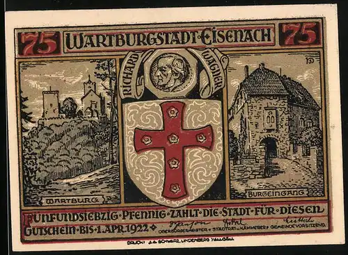 Notgeld Eisenach 1922, 75 Pfennig, Wartburg, Burgeingang, Richard Wagner, Wappen