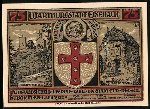 Notgeld Eisenach 1922, 75 Pfennig, Wartburg, Burgeingang, Richard Wagner, Wappen