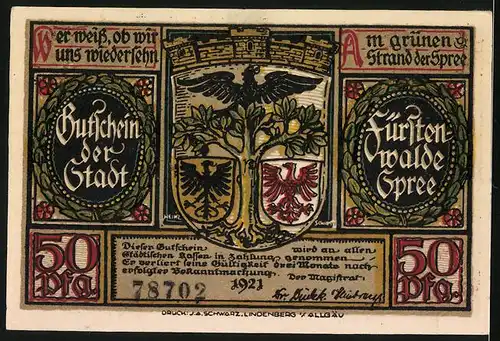 Notgeld Fürstenwalde /Spree 1921, 50 Pfennig, Die Bürger von Fürstenwalde verteidigen sich gegen die Quitzows