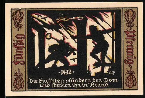 Notgeld Fürstenwalde /Spree 1921, 50 Pfennig, Die Hussiten plündern den Dom und stecken ihn in Brand