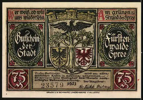 Notgeld Fürstenwalde /Spree 1921, 75 Pfennig, Die Bürger auf der Hut vor Nickel v. Mindewitz