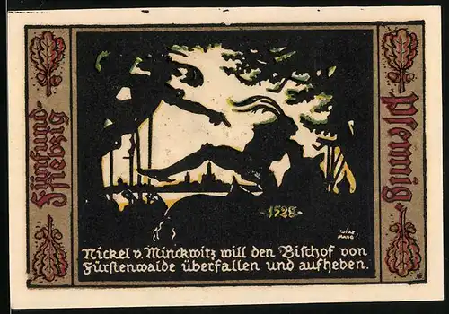 Notgeld Fürstenwalde /Spree 1921, 75 Pfennig, Nickel v. Minckwitz will den Bischof von Fürstenwalde überfallen