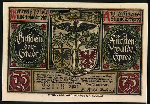 Notgeld Fürstenwalde /Spree 1921, 75 Pfennig, Der Dom wird neu aufgebaut