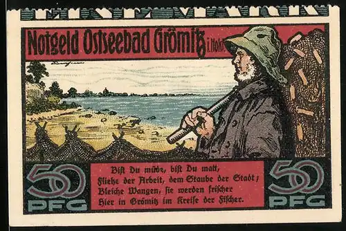 Notgeld Grömitz i. Holst. 1921, 50 Pfennig, Fischer am Strand