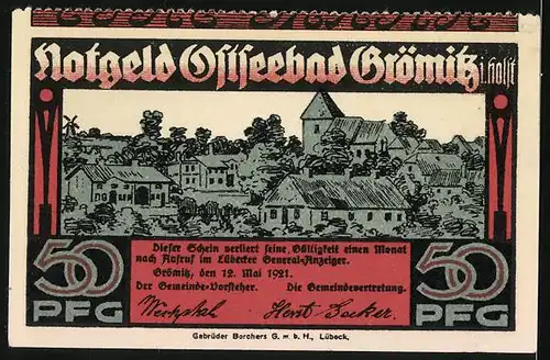 Notgeld Grömitz i. Holst. 1921, 50 Pfennig, Fischer am Strand