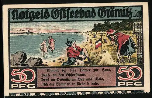 Notgeld Grömitz i. Holst. 1921, 50 Pfennig, Kinder spielen am Strand