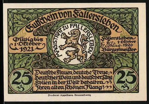 Notgeld Fallersleben 1920, 25 Pfennig, Schloss, Amtsgericht und Kirche, Wappen