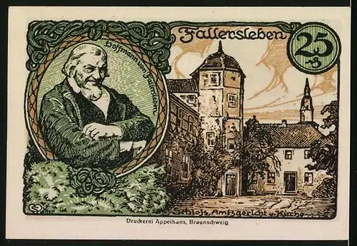 Notgeld Fallersleben 1920, 25 Pfennig, Schloss, Amtsgericht und Kirche, Wappen