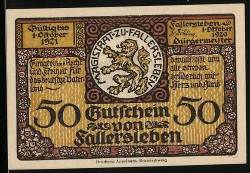 Notgeld Fallersleben 1920, 50 Pfennig, Geburtshaus und Portrait des Dichters, Wappen