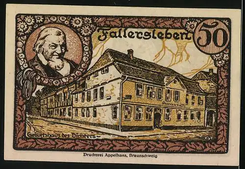 Notgeld Fallersleben 1920, 50 Pfennig, Geburtshaus und Portrait des Dichters, Wappen