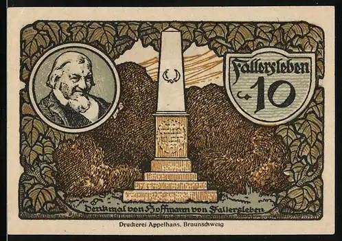 Notgeld Fallersleben 1920, 10 Pfennig, Denkmal von Hoffmann von Fallersleben, Wappen