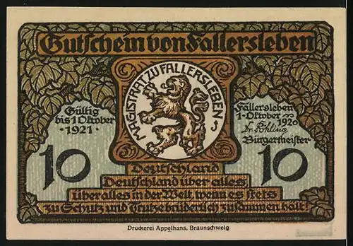 Notgeld Fallersleben 1920, 10 Pfennig, Denkmal von Hoffmann von Fallersleben, Wappen