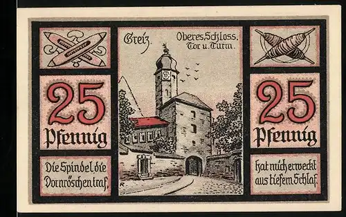 Notgeld Greiz 1921, 25 Pfennig, Oberes Schloss, Tor und Turm