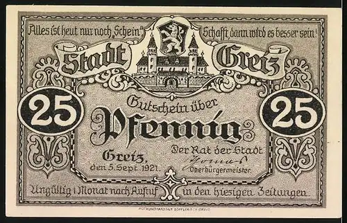 Notgeld Greiz 1921, 25 Pfennig, Oberes Schloss, Tor und Turm