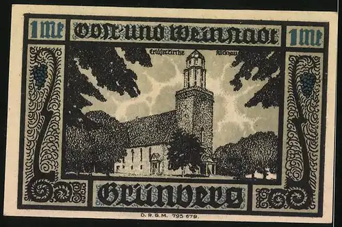 Notgeld Grünberg i. Sch., 1 Mark, Erlöserkirche Kötschau, Wappen