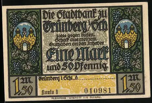 Notgeld Grünberg i. Sch., 1, 50 Mark, Kriegerdenkmal, Wappen