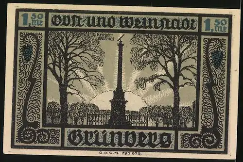 Notgeld Grünberg i. Sch., 1, 50 Mark, Kriegerdenkmal, Wappen