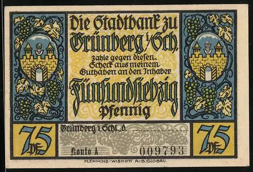 Notgeld Grünberg i. Sch., 75 Pfennig, Rathaus Kötschau, Wappen