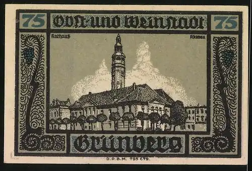 Notgeld Grünberg i. Sch., 75 Pfennig, Rathaus Kötschau, Wappen
