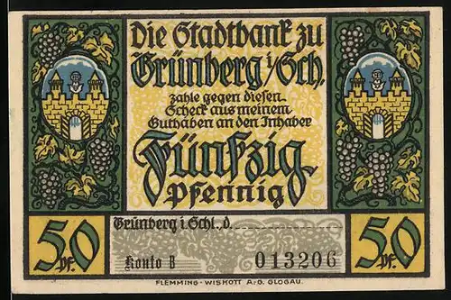 Notgeld Grünberg i. Sch., 50 Pfennig, Marienkapelle Kötschau, Wappen