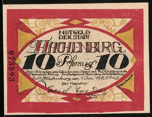 Notgeld Hachenburg i. Westerwald 1921, 10 Pfennig, Teilansicht mit Kirche