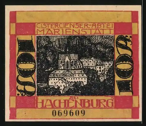 Notgeld Hachenburg 1921, 10 Pfennig, Cistercienser-Abtei Marienstatt, Wappen