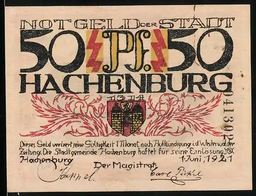 Notgeld Hachenburg 1921, 50 Pfennig, Teilansicht, Wappen