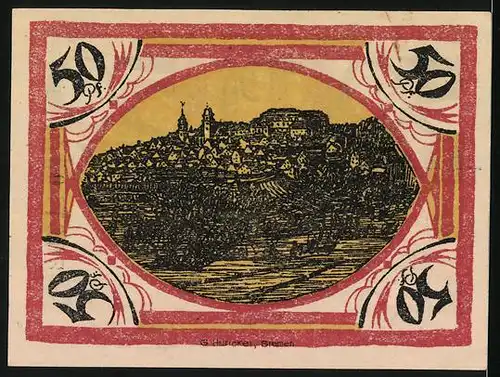 Notgeld Hachenburg 1921, 50 Pfennig, Teilansicht, Wappen