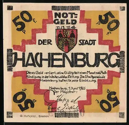 Notgeld Hachenburg 1921, 50 Pfennig, Der Schlossbogen, Wappen