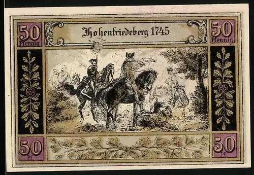 Notgeld Hohenfriedeberg, 50 Pfennig, Soldat mit Fanfare zu Pferde 1745