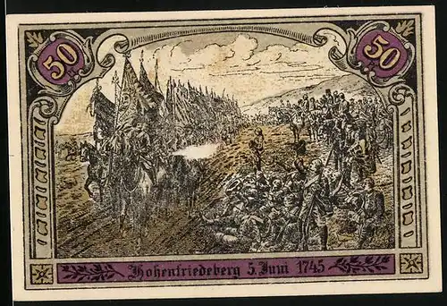 Notgeld Hohenfriedeberg, 50 Pfennig, Soldaten mit Fahnen zu Pferde 1745