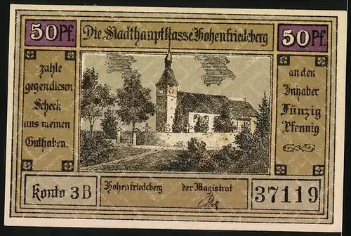 Notgeld Hohenfriedeberg, 50 Pfennig, Soldaten mit Fahnen zu Pferde 1745