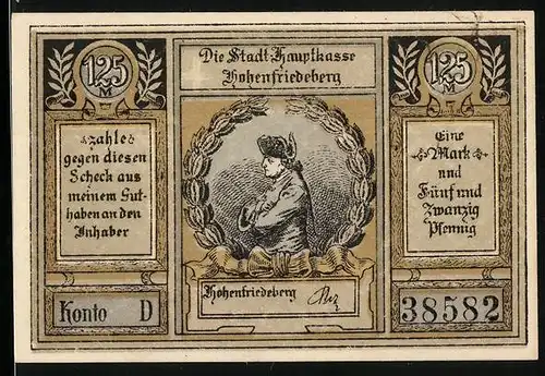 Notgeld Hohenfriedeberg, 1, 25 Mark, Portrait Friedrich der Grosse, Siegeshöhe