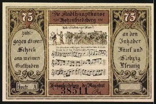 Notgeld Hohenfriedeberg, 75 Pfennig, Siegeshöhe mit Portrait Friedrich der Grosse