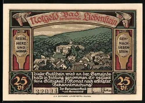 Notgeld Bad Liebenstein, 25 Pfennig, Ortspartie mit Schloss, Trusentaler Wasserfall
