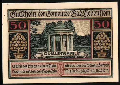 Notgeld Bad Liebenstein, 50 Pfennig, Quellentempel