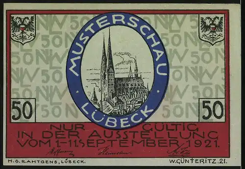 Notgeld Lübeck, 50 Pfennig, Nordische Woche, Musterschau 1921, Stadtwappen Lübeck
